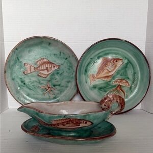 Set Of 3 Musa Vietri Al Mare Sea Fish 2 Plates Saucer Italy Hand Painted Pottery